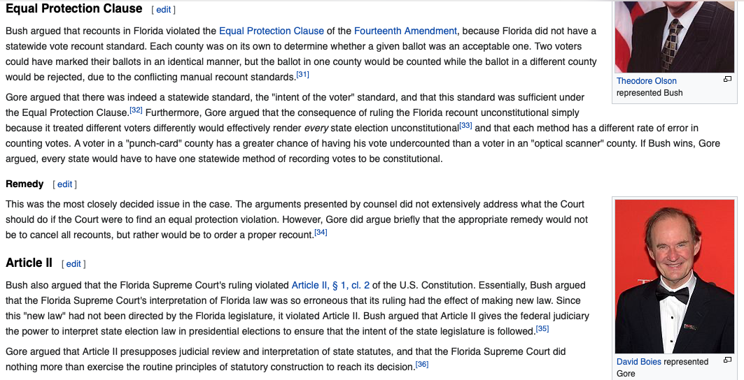 Screen shot of Equal Protection Clause and Article II Arguments in Bush v. Gore